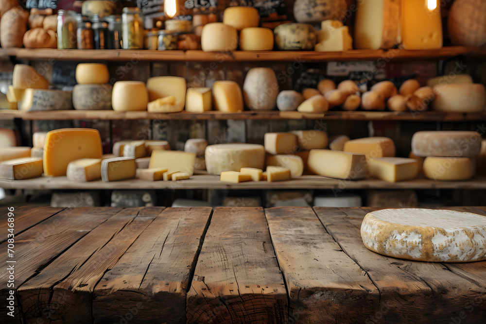 Wooden Tabletop Foreground, Background of Blurry Artisanal Cheese Decoration