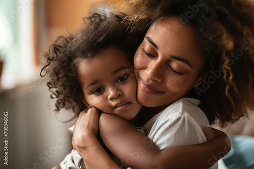Mother's Day family holiday unconditional love concept. Adorable child hugging and embracing mom, Portrait of happy African American mommy and her child kid hugging each other at home