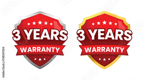 3 years warranty label or badge design, with a minimalist and shiny red shield icon isolated. Vector Illustration photo