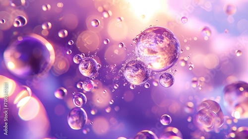 a collection of water bubbles in a purple air background, bubbles floating on the surface of the water.purple water bubles close up