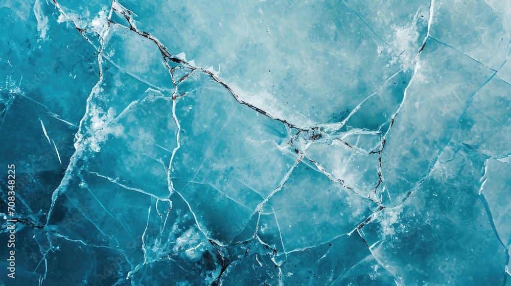 Beautiful winter natural blue ice texture of surface of frozen. Nature abstract pattern of white cracks. Winter seasonal background, mock up, flat lay, ice texture background - obrazy, fototapety, plakaty 