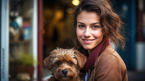 Young woman in leather jacket and scarf smiles while holding a small brown dog on an urban street