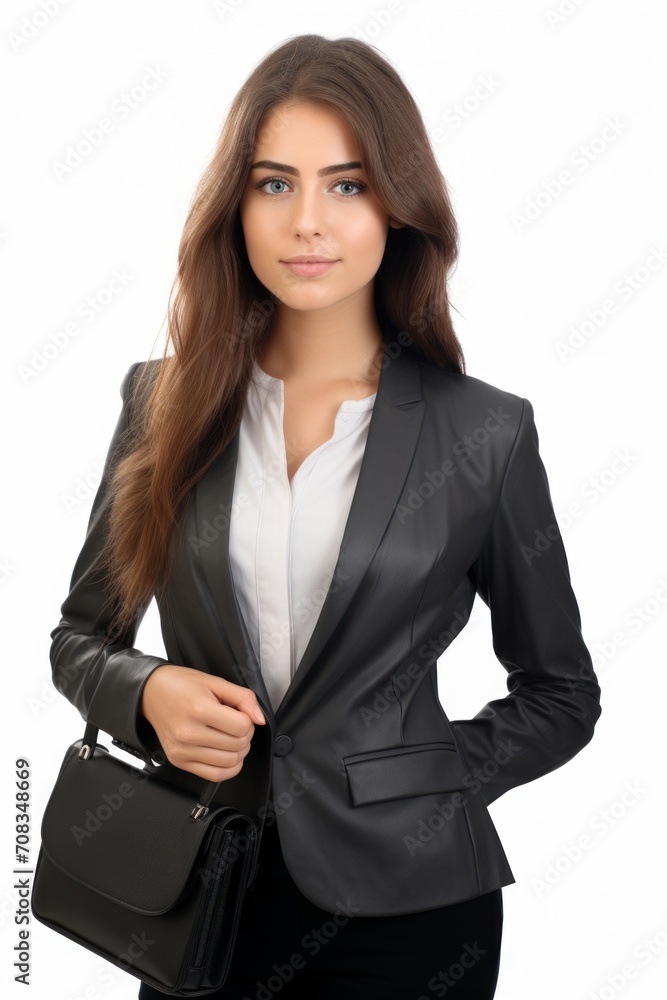 Young Businesswoman with Leather Purse isolated on white background Young Businesswoman with Leather Purse isolated on white background
