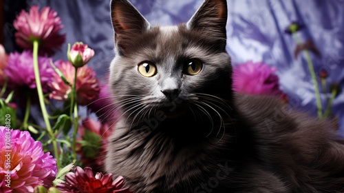 Cute cat and flower on light background.