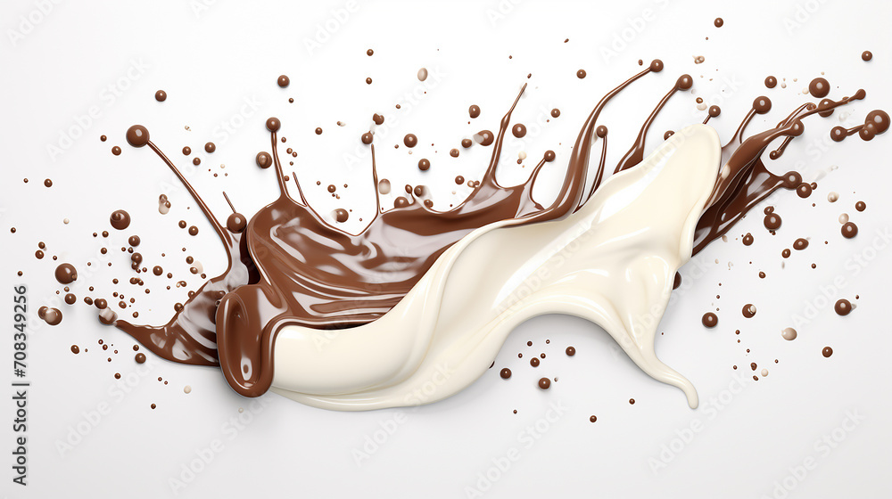 chocolate pieces falling on chocolate sauce and milk on white background chocolate pieces falling on chocolate sauce and milk on white background