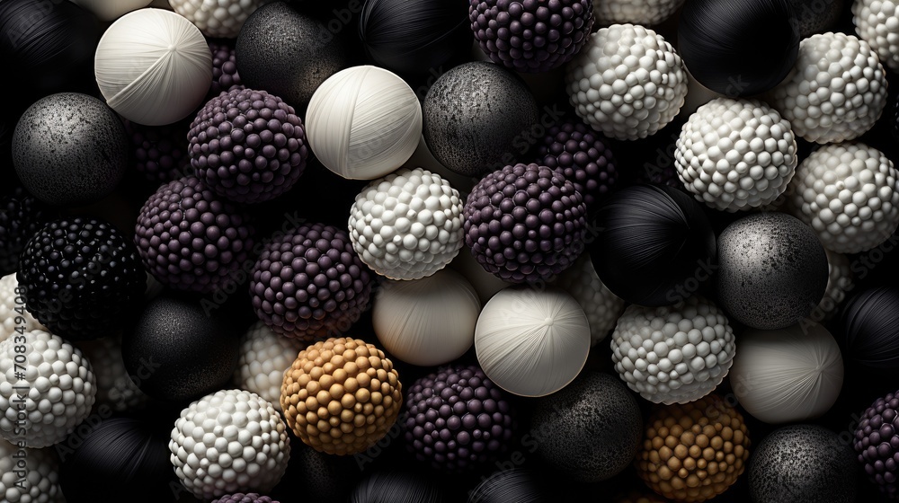 A close up of a bunch of black and white balls. Suitable for graphic designs, backgrounds, sports-themed projects, and abstract concepts. A versatile and visually appealing element for various creativ