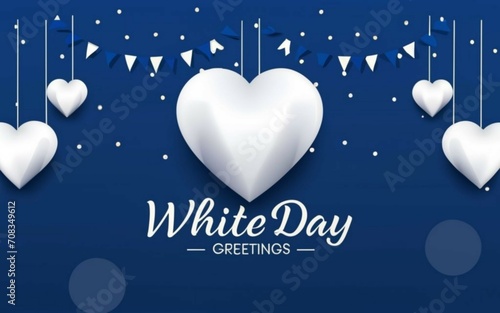 Happy White Day Sale Banner Vector design. Realistic balloon hearts and gifts on blue rhombic pattern background photo