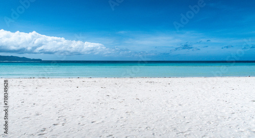 Beautiful white sand beach and turquoise sea on Boracay Island Philippines 