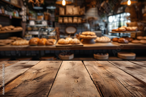 Empty Wooden Tabletop with Blurry Bakery Shop Background