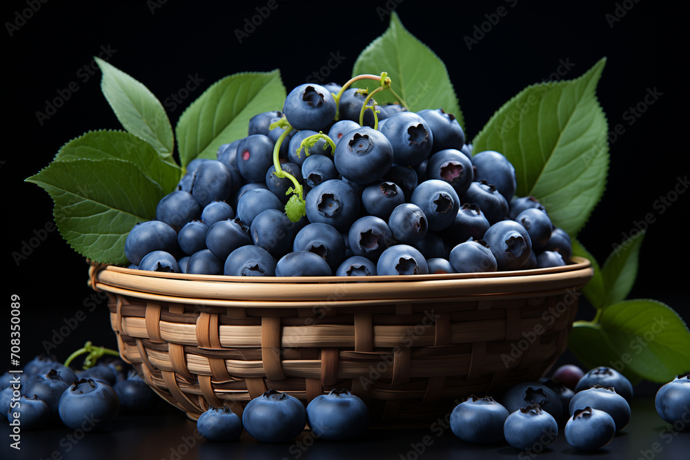 Closeup of blueberry in basket on table with dark background. Closeup of blueberry in basket on table with dark background.