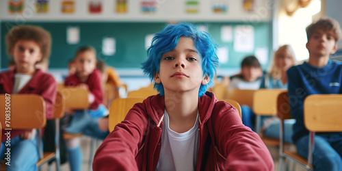 Groupmates bullying at confident boy with blue hair in school classroom, upset and stressed male student bullied by classmates in college. Being different standing out of crowd discrimination concept