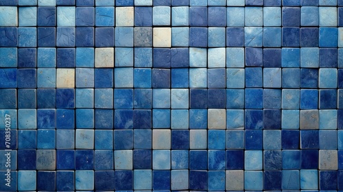 Blue ceramic wall and floor tiles abstract background. Blue tile wall chequered background bathroom floor texture. Design pattern geometric © Planetz