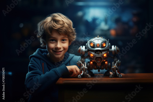 Learning robots at robotics electric toys and horizontal studio plain banner copy paste. Smiling happy boy look straight into the camera with metal robot in her hands on dark blue studio background © Valeriia