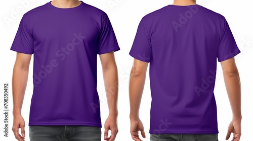 man wearing a blank purple t-shirt, front and back side clothing template mockup