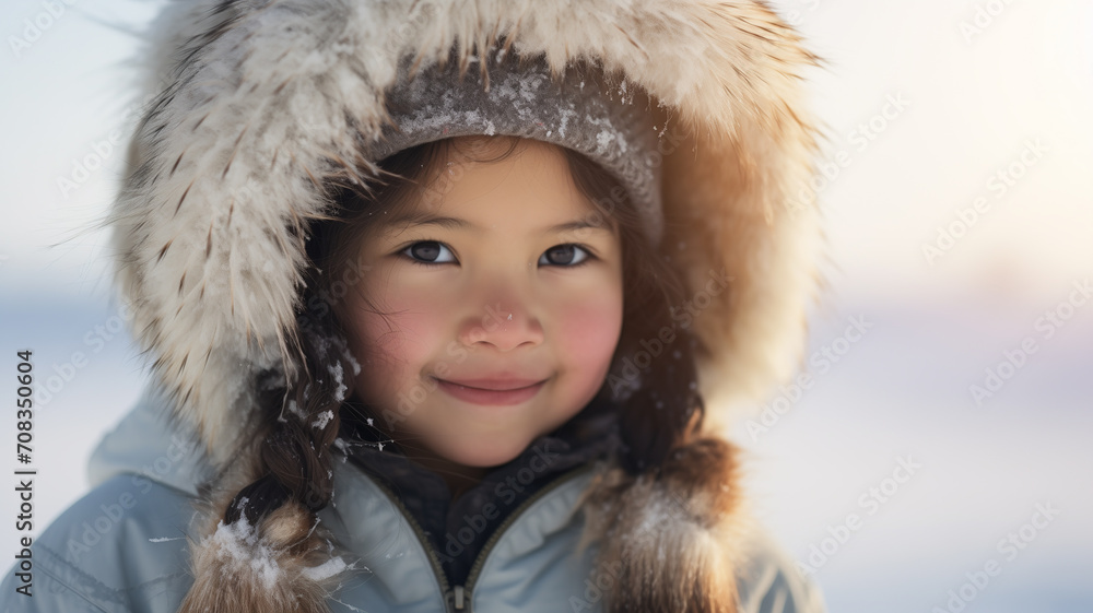 Closeup portrait of a joyful Inuit native American child smiling facing the camera on a winter day Closeup portrait of a joyful Inuit native American child smiling facing the camera on a winter day