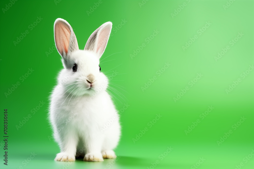 Obraz premium Adorable furry Easter bunny on green background.
