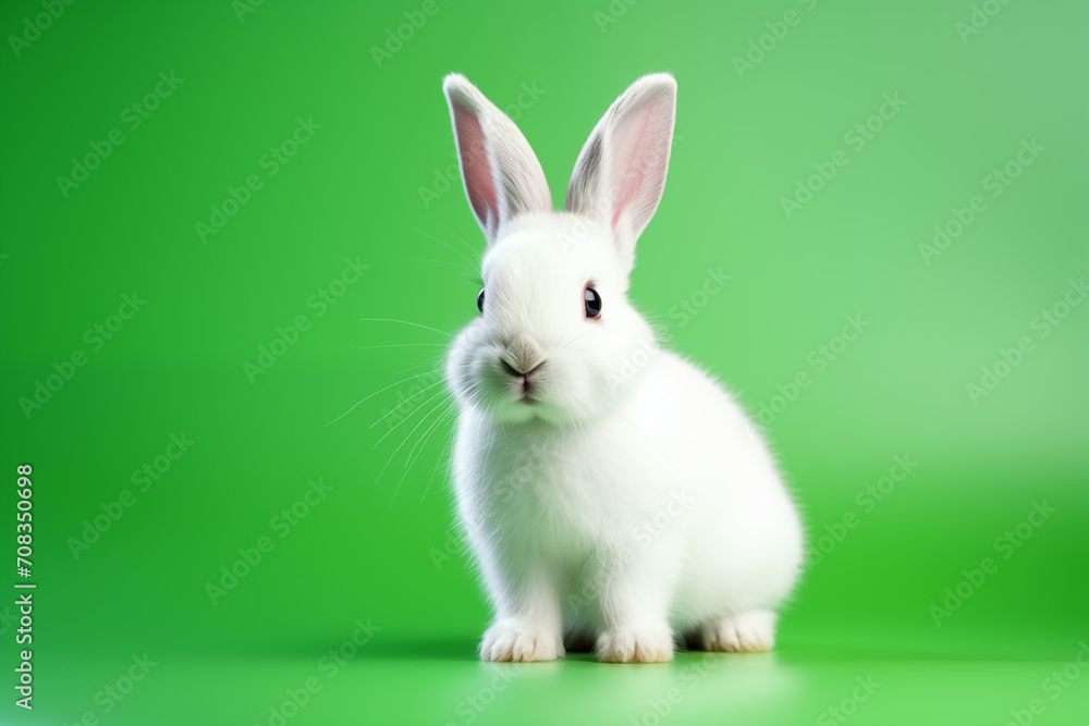 Adorable furry Easter bunny on green background.