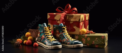 Christmas gifts and goodies in small footwear.