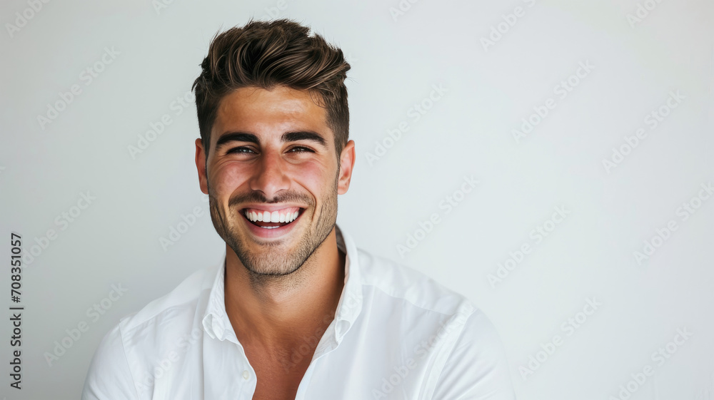 Joyful Confidence: Handsome Young Man Smiling in White Shirt Joyful Confidence: Handsome Young Man Smiling in White Shirt