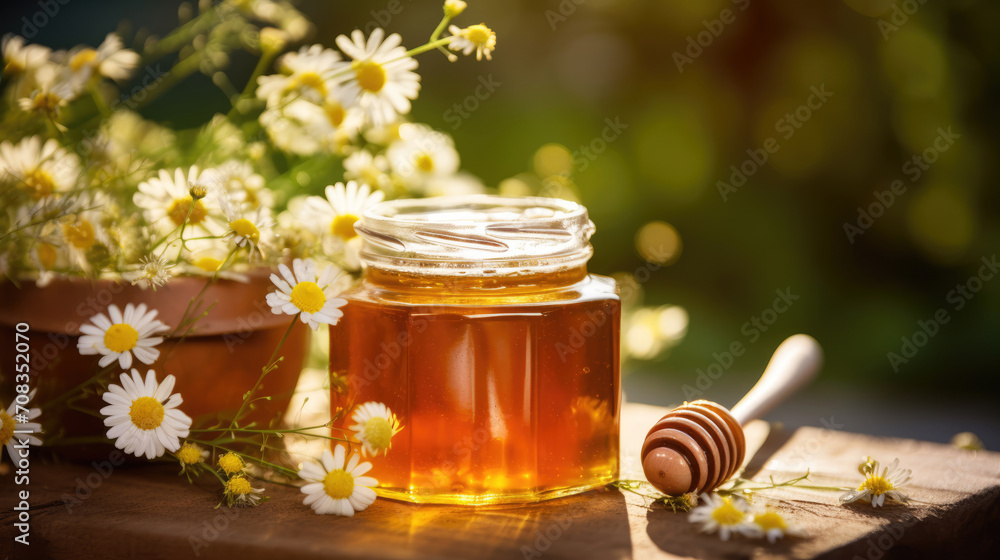 Sweet spring herbal honey in jar with honey dipper. Fresh chamomile flowers Sweet spring herbal honey in jar with honey dipper. Fresh chamomile flowers