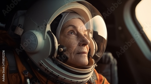 Grandmother with vintage space suit. Fiction concept about space exploration and science © TPS Studio