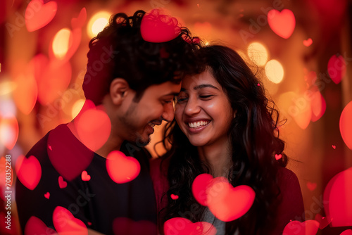 Indian Yung smiling couple portrait tenderly surrounded by romantic atmosphere of floating hearts. Saint Valentine's Day celebration 