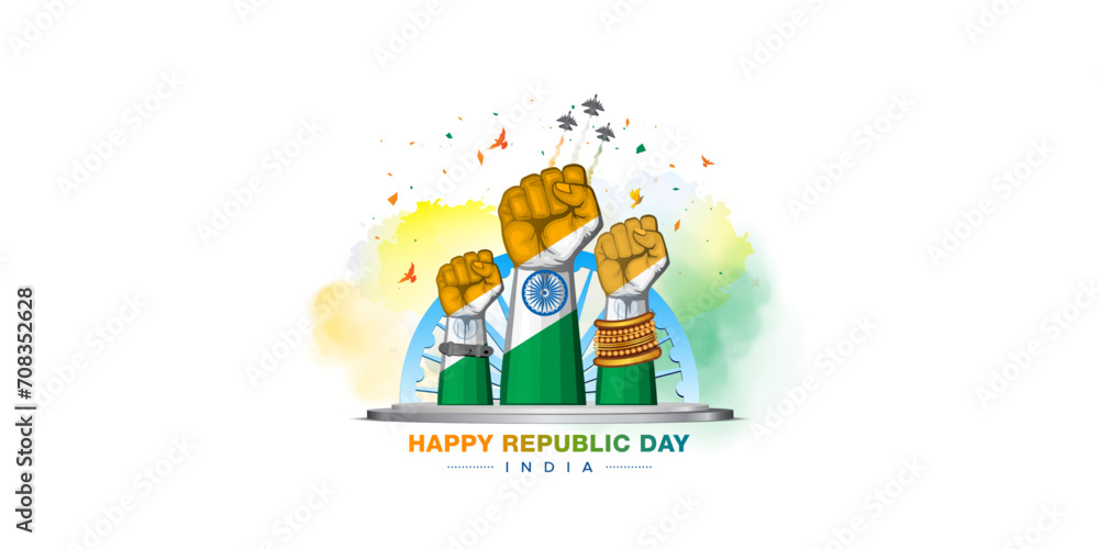 Creative concept of Indian Republic day 26 January patriotic and freedom story. Tricolor background with family rising hand.