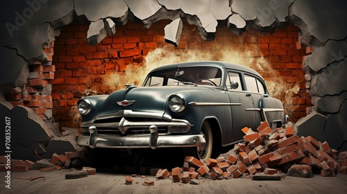 3d wallpaper design with a classic car jumping out of broken graffinti wall