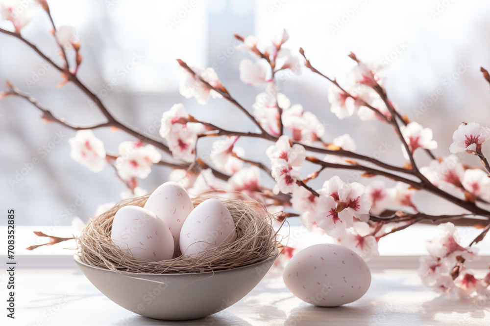 Spring Easter theme. Painted Easter eggs in a nest against a background of flowering cherry branches.