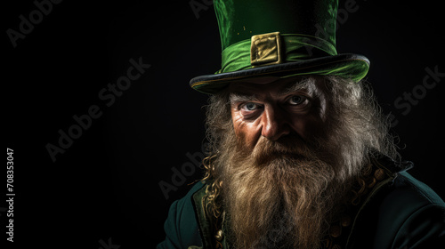 St. Patrick Day. Cheerful character Irish leprechaun on black background photo