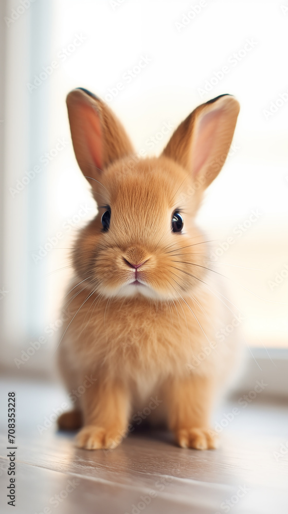Obraz premium Adorable furry Easter baby bunny on wooden table against blur background.