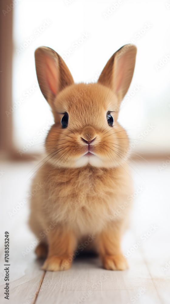 Fototapeta premium Adorable furry Easter baby bunny on wooden table against blur background.