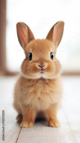 Adorable furry Easter baby bunny  on wooden table against blur background.