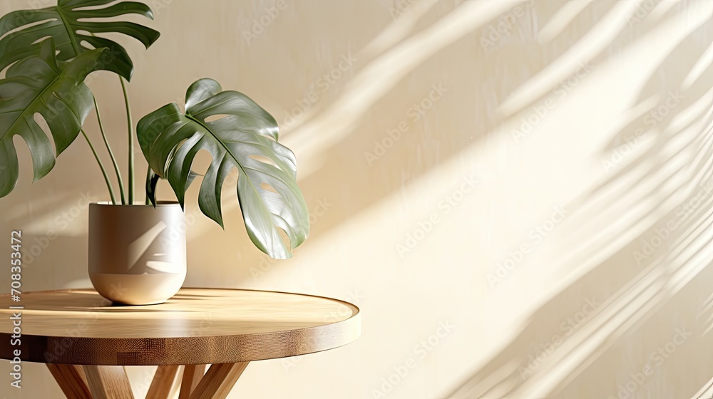 empty small table with a potted tropical plant on beige wall - suitable for home decor, interior design, gardening blogs, and promotions product, Perfect for adding a touch of nature to any project. empty small table with a potted tropical plant on beige wall - suitable for home decor, interior design, gardening blogs, and promotions product, Perfect for adding a touch of nature to any project.