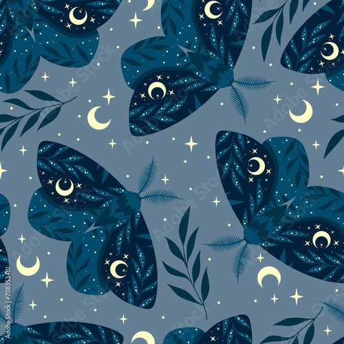 Magic blue seamless pattern with moths. Boho magic background with space elements stars. Vector doodle texture.