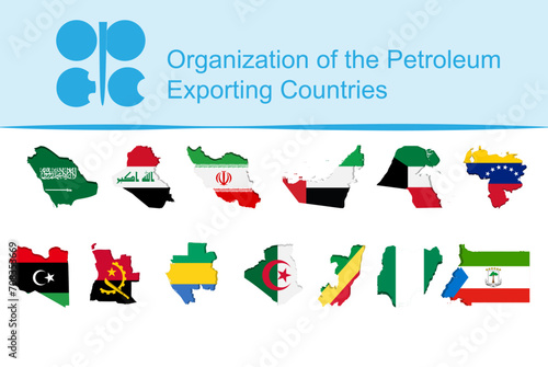 OPEC, the flags of the member countries of the organization are located under the logo of the Organization of the Petroleum Exporting Countries.