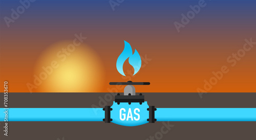 Gas pipeline, in the form of a gas pipe with a flame and text Gas flowing from a natural gas field to consumers. Copy space.