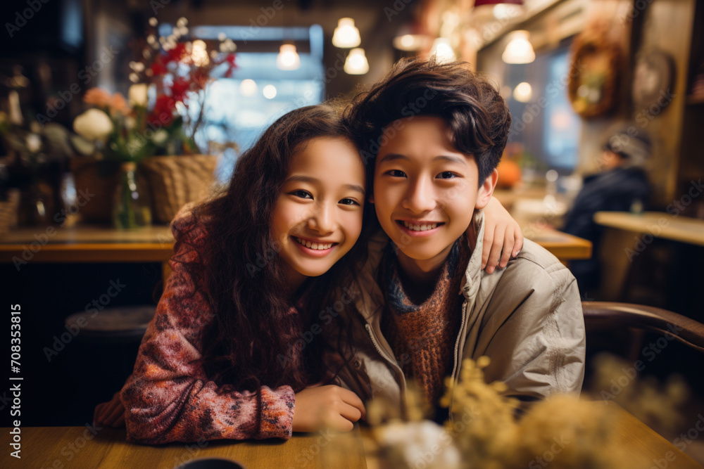 Portrait of a young smiling Asian teenage couple boyfriend girlfriend in romantic mutual love on date in cafe restaurant. First love relationship sensuality tenderness concept Portrait of a young smiling Asian teenage couple boyfriend girlfriend in romantic mutual love on date in cafe restaurant. First love relationship sensuality tenderness concept