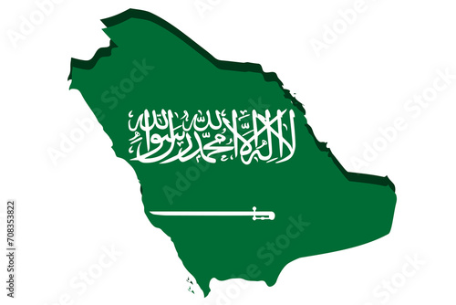 Saudi Arabia detailed geographical map with country flag. Painted in the colors of the national flag, on a white background.