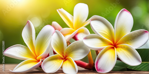 Beautiful frangipani flowers on sunny tropical nature background