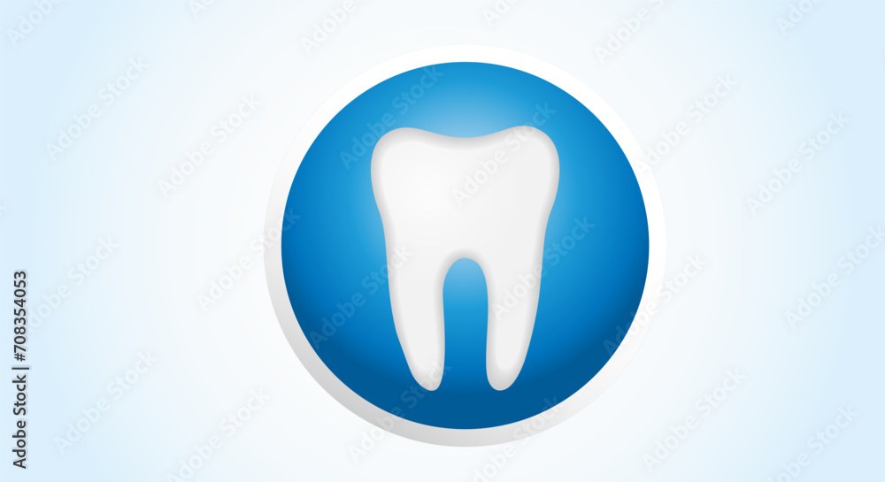 Healthy human molar. Flat design. Badge, White tooth, on a blue round background. Teeth hygiene, prosthetics and whitening concept. Copy space Healthy human molar. Flat design. Badge, White tooth, on a blue round background. Teeth hygiene, prosthetics and whitening concept. Copy space