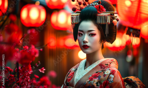 Elegant geisha in traditional kimono adorned with hairpieces against a backdrop of vibrant red lanterns