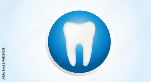 Healthy human molar. Flat design. Badge, White tooth, on a blue round background. Teeth hygiene, prosthetics and whitening concept. Copy space