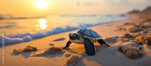 Newly hatched baby turtle ventures towards the ocean on a tropical sandy beach.