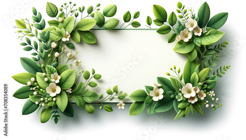 Banner background made of green leaves and flowers  spring backdrop  postcard  space for text  banner design 