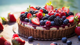 Mixed berry cheesecake tart with chocolate on light sunny background 