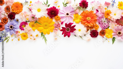 Flowers frame on white background top view. Flat layer, top view. Spring concept