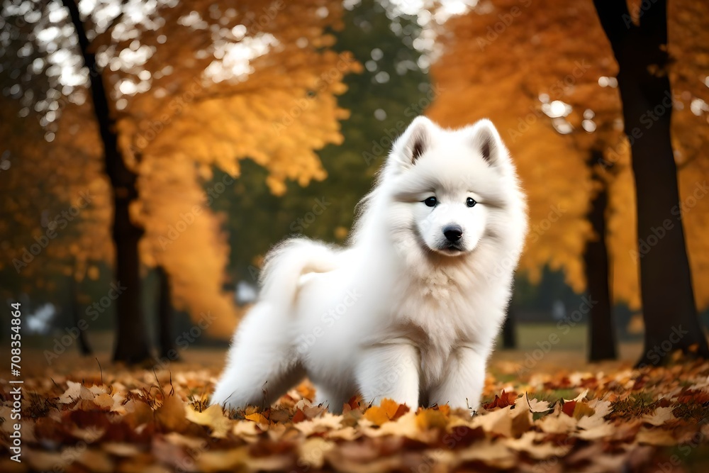 The Samoyed puppy looks questioningly at the owner against the background of autumn leaves