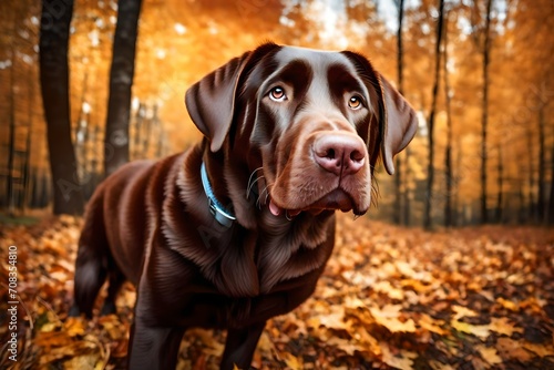 large chocolate labrador retriever dog in the autumn forest. Large portrait. Protruding tongue. Doesn't look at the camera