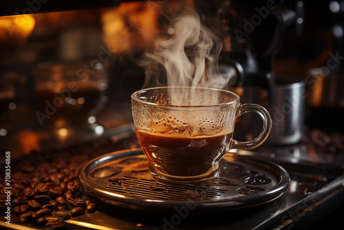 Closeup of Espresso on the coffee maker with smoke.